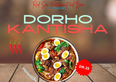 Description: Dorho Kantisha is a versatile Ethiopian and Eritrean dish featuring boneless chicken cubes cooked with broccoli and mushrooms. This dish can be prepared with your choice of curry or red pepper sauce, offering a delightful blend of flavors and textures. Versatile, Hearty, Robust. Ingredients: Boneless chicken cubes, broccoli, mushrooms, curry sauce or red pepper sauce. Taste: Dorho Kantisha is rich and flavorful, with tender chicken, earthy mushrooms, and crisp broccoli. Depending on the chosen sauce, it can be either savory and aromatic (curry) or spicy and robust (red pepper). Allergens: None specified Price: $19.25 ALT text: Boneless chicken cubes with broccoli and mushrooms in a choice of curry or red pepper sauce. Flavorful and versatile Ethiopian and Eritrean dish.