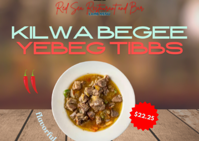 Description: Kilwa Beggee Yebeg Tibbs features juicy lamb chunks sautéed in a richly spiced butter with onions and green peppers, creating a robust and aromatic Ethiopian dish. Flavorful, buttery, aromatic. Ingredients: Lamb chunks, spiced butter, onions, green peppers, black pepper. Taste: This dish boasts a complex flavor profile with the spiced butter imparting a rich, buttery taste, while the onions and green peppers add sweetness and mild heat. Black pepper provides a subtle but distinctive spicy note, enhancing the savory lamb chunks with every bite. Allergens: Contains dairy (spiced butter). Price: $21.90 ALT text: Juicy lamb chunks sautéed in spiced butter with onions and green peppers, seasoned with black pepper. Rich and aromatic Ethiopian cuisine.