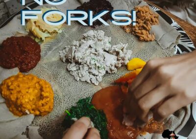 Forks are rarely used in traditional Ethiopian and Eritrean meals. Instead, diners rely on injera to pick up food. Eating by hand is seen as a more intimate and enjoyable way to experience flavors and textures.