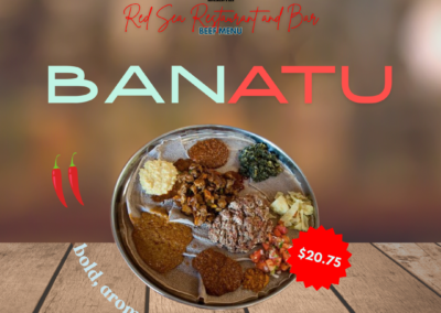 Description: Banatu features tender beef cubes stir-fried in a flavorful red sauce with onions and a blend of exotic spices. It's a hearty and aromatic dish that highlights the rich flavors of Ethiopian cuisine. Bold, aromatic, satisfying. Ingredients: Beef cubes, red sauce, onions, exotic spices. Taste: The dish offers a bold and robust flavor from the red sauce, with a harmonious balance of spices that provide depth and complexity. The tender beef cubes are infused with the savory sweetness of onions and complemented by the exotic spice blend, creating a satisfying and flavorful experience. Allergens: None specified Price: $18.25 ALT text: Tender beef cubes stir-fried in red sauce with onions and exotic spices. Flavorful Ethiopian dish