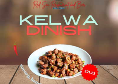 Description: Kelwa Dinish features tender beef cubes stir-fried with chopped potatoes, creating a hearty and flavorful Ethiopian dish. It's known for its simple yet satisfying preparation that highlights the natural flavors of the ingredients. Savory, hearty, comforting. Ingredients: Beef cubes, potatoes, spices Taste: This dish offers a savory and hearty flavor with tender beef cubes and soft, slightly crispy potatoes. The stir-frying process enhances the natural sweetness of the potatoes and the richness of the beef, creating a comforting and balanced taste profile. Allergens: None specified Price: $18.75 ALT text: Tender beef cubes stir-fried with potatoes. Hearty Ethiopian cuisine.