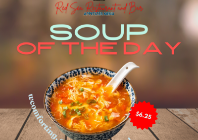 Description: Our Soup of the Day is a flavorful blend, offering a comforting warmth with a hint of spice. It's crafted daily to ensure freshness and satisfaction. Comforting, aromatic, flavorful. Ingredients: Varies daily based on ingredients. Taste: This soup features a rich broth infused with aromatic spices that deliver a warm, satisfying heat. The balanced flavors of fresh vegetables and savory seasonings make each spoonful a comforting experience. Allergens: Depends on daily ingredients; typically includes vegetables and spices. Price: $6.25 ALT text: Flavorful and slightly spicy soup of the day, perfect for warming up.