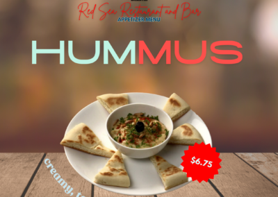 Description: Our hummus is a creamy dip crafted from toasted sesame seeds, tangy lemon juice, garlic, and extra virgin olive oil, perfect for pairing with warm pita bread. Creamy, tangy, nutty. Ingredients: Toasted sesame seeds, lemon juice, garlic, extra virgin olive oil. Taste: This hummus offers a smooth texture with a nutty undertone from the toasted sesame seeds. The tanginess of fresh lemon juice and the subtle bite of garlic are balanced by the richness of extra virgin olive oil, creating a harmonious blend of flavors that is both refreshing and satisfying. Allergens: Contains sesame seeds and olive oil. Price: $6.75 ALT text: Smooth and creamy hummus dip with toasted sesame seeds, lemon juice, garlic, and olive oil, served with pita bread.