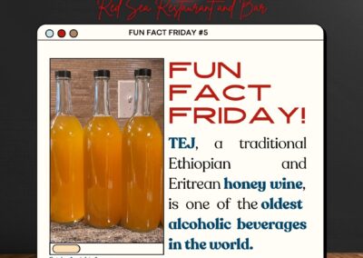 If you like alcohol, 🍺🍷 then you should know this! Tej is a type of mead – the oldest alcoholic beverage known to man! Usually, mead is made with 🍯honey, water, and yeast. Tej is a traditional alcoholic drink in Ethiopia and Eritrea that uses gesho instead of yeast!