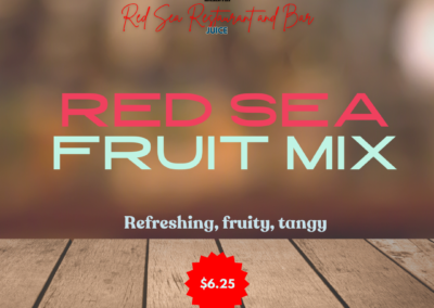 Red Sea Fruit Mix is a refreshing and invigorating drink made from a blend of freshly squeezed fruit juices. It combines various fruit flavors to create a vibrant and thirst-quenching beverage. Refreshing, fruity, tangy Ingredients: Assorted fruit juices Taste: This fruit mix offers a harmonious blend of sweet and tangy flavors with a burst of freshness in every sip. The drink features a rich fruitiness with underlying notes of citrus and berry, providing a well-balanced, naturally sweet, and revitalizing taste. Allergens: None specified Price: $6.25 ALT text: Refreshing drink made from a blend of freshly squeezed fruit juices. Sweet, tangy, and revitalizing flavor.