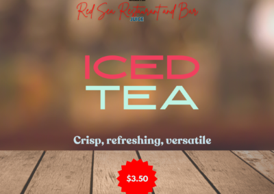 Iced tea is a chilled, refreshing beverage made from brewed tea, typically served over ice. It is a versatile drink that can be enjoyed plain or flavored with various fruits or herbs. Crisp, refreshing, versatile Ingredients: Brewed tea, ice, lemon Taste: The taste of iced tea is characterized by its crisp, clean flavor, with the underlying tea providing a subtle bitterness balanced by its cooling chill. Depending on the variety, it may offer hints of citrus, fruitiness, or floral notes, while maintaining a refreshing and mildly astringent finish. Allergens: None specified Price: $3.50 ALT text: Chilled brewed tea served over ice, offering a crisp and refreshing flavor with subtle tea notes. Can be enjoyed plain or flavored.