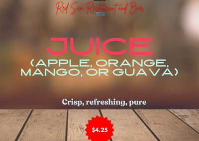 Juice (apple, orange, mango, or guava) is a vibrant and flavorful beverage made from fresh fruit, providing a sweet and refreshing drink experience. Each juice variant offers its unique character, making it a versatile choice for different tastes and preferences. Ingredients: Fresh fruit (apple, orange, mango, or guava), water, and sweeteners. Taste Apple Juice: Offers a crisp and mildly sweet flavor with subtle tart notes, creating a balanced and refreshing taste. Orange Juice: Bursts with bright, tangy citrus flavor and a natural sweetness, providing a zesty and invigorating experience. Mango Juice: Features a rich, tropical sweetness with a smooth, creamy texture, delivering a lush and exotic taste. Guava Juice: Provides a unique, slightly tangy and sweet flavor with a hint of tropical fruitiness, offering a distinct and refreshing taste. Allergens: None specified Price: $4.25 ALT text: Fresh fruit juice options including apple, orange, mango, or guava, each offering unique sweet and refreshing flavors. Enjoy a burst of natural fruit taste.