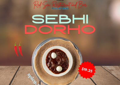 Description: Hot Sebhi Dorho is a traditional Eritrean and Ethiopian chicken stew, known for its rich and flavorful red pepper sauce, which gives it a distinctive spicy kick. The chicken is marinated, sautéed, and stewed to perfection, creating a hearty and comforting dish. Spicy, Aromatic, Rich. Ingredients: Chicken, lemon (for marinating), seasoned butter, red pepper sauce, onions, garlic, ginger root, cardamom. Taste: Sebhi Dorho is hot and spicy with a complex flavor profile. The red pepper sauce provides a bold and fiery base, while the onions, garlic, and ginger root add depth and aromatic undertones. A pinch of cardamom adds a subtle hint of sweetness and warmth. Allergens: Dairy (seasoned butter) Price: $19.25 ALT text: Tender chicken marinated in lemon, sauteed in seasoned butter, and stewed in red pepper sauce, flavored with onions, garlic, ginger root, and a pinch of cardamom. Hot.