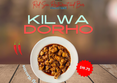 Description: Kilwa Dorh is a flavorful Ethiopian and Eritrean chicken stir-fry dish. It's made with tender pieces of chicken, sautéed with a mix of fresh vegetables and aromatic spices, creating a delightful and savory meal. Savory, Flavorful, Vibrant. Ingredients: Chicken, onions, tomatoes, bell peppers, garlic, ginger, berbere spice mix, seasoned butter. Taste: Killwa Dorho is savory and slightly spicy with a rich, complex flavor profile. The berbere spice mix adds a warm heat, while the fresh vegetables provide a crisp and vibrant contrast. Allergens: Dairy (seasoned butter). Price: $19.75 ALT text: Tender chicken marinated in lemon, sauteed in seasoned butter, and stewed in red pepper sauce, flavored with onions, garlic, ginger root, and a pinch of cardamom. Hot.