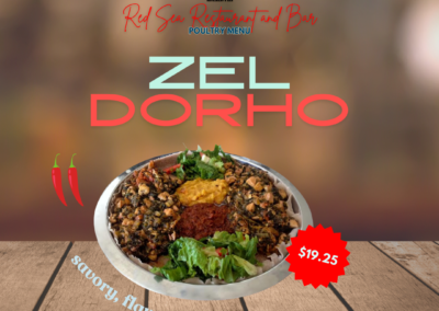 Description: Zel Dorho is a delicious Ethiopian and Eritrean dish featuring tender boneless chicken cooked with spinach, onions, red pepper, and garlic sauce. This dish combines vibrant vegetables and aromatic spices for a flavorful and wholesome meal. Wholesome, Fresh, Balanced. Ingredients: Boneless chicken, spinach, onions, red pepper, garlic sauce. Taste: Zel Dorho is savory and mildly spicy, with the garlic sauce adding depth and richness. The spinach and red pepper provide a fresh and slightly sweet balance to the tender chicken. Allergens: None specified Price: $19.25 ALT text: Tender boneless chicken with spinach, onions, red pepper, and garlic sauce. Savory and mildly spicy