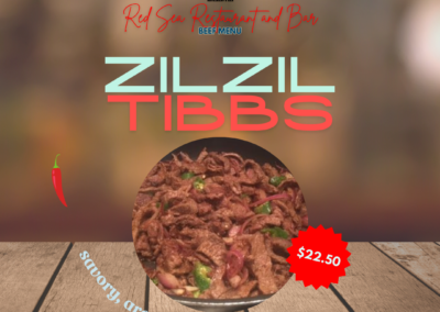 Description: Zilzil Tibbs features thin strips of top round beef stir-fried with traditional Ethiopian spices, onions, and garlic. This dish is renowned for its bold flavors and tender texture, making it a staple in Ethiopian cuisine. Savory, aromatic, tender. Ingredients: Top round beef strips, traditional Ethiopian spices, onions, garlic. Taste: The dish offers a savory and slightly spicy flavor profile, with the traditional spices providing a deep, aromatic taste. The onions add sweetness while the garlic imparts a rich, pungent flavor, enhancing the overall savory experience of the tender beef strips. Allergens: None specified Price: $19.95