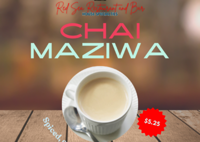 Chai Maziwa is a traditional spiced tea made with black tea, infused with aromatic spices and combined with milk. This comforting beverage blends rich flavors with a creamy texture, making it a delightful drink for any time of the day. Spiced, creamy, soothing Ingredients: Black tea, milk, spices (e.g., cardamom, cinnamon). Taste: The tea offers a robust flavor from the black tea leaves, complemented by the warmth of spices such as cardamom and cinnamon. The addition of milk creates a smooth, creamy mouthfeel that balances the spiciness, resulting in a well-rounded and soothing beverage. Allergens: Contains dairy (milk). Price: $5.25 ALT text: Traditional spiced tea with black tea, milk, and aromatic spices. Creamy and flavorful drink.