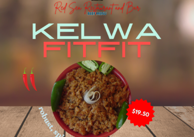 Description: Kelwa Fitfit is a spicy Ethiopian dish featuring tender beef cubes stir-fried with a rich red pepper sauce, onions, and an array of exotic spices. This dish is known for its bold flavors and vibrant presentation, making it a favorite for those who enjoy a bit of heat. Ingredients: Taste: The dish delivers a strong and spicy flavor from the red pepper sauce, complemented by the sweetness of sautéed onions. The exotic spices provide a complex and aromatic profile, enhancing the savory taste of the tender beef cubes with a fiery kick. Allergens: None specified Price: $20.75 ALT text: Spicy beef cubes stir-fried with red pepper sauce, onions, and exotic spices. Bold and flavorful Ethiopian dish.