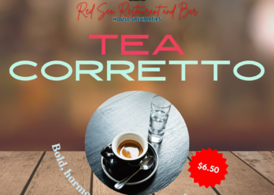 Tea Corretto is an elegant beverage that combines a shot of espresso with a cup of black tea, blending the robust flavors of coffee with the subtle notes of tea. It’s a sophisticated twist on traditional coffee and tea drinks, ideal for those who enjoy both flavors. Bold, harmonious, sophisticated Ingredients: Espresso, black tea. Taste: The Tea Corretto features a strong, rich espresso that adds a bold and slightly bitter coffee flavor, perfectly balanced by the smooth, malty notes of black tea. The combination creates a unique fusion with layers of depth: the tea’s natural sweetness and the coffee’s intensity complement each other, resulting in a complex and harmonious taste. Allergens: None specified Price: $6.50 ALT text: Shot of espresso combined with black tea, blending bold coffee flavor with smooth tea notes. Unique and harmonious drink.