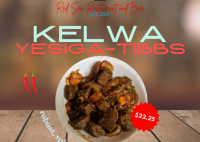 Description: Kelwa Yesiga Tibbs features tender beef cubes stir-fried with a rich red pepper sauce, onions, and a blend of exotic spices. This dish is a vibrant and flavorful example of Ethiopian cuisine, showcasing a delightful mix of heat and savory notes. Ingredients: Taste: The dish offers a robust and spicy flavor profile from the red pepper sauce, balanced by the sweetness of caramelized onions. The exotic spices add depth and complexity, enhancing the tender beef cubes with a savory and slightly tangy finish. Allergens: None specified Price: $22.25