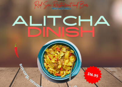 Description: Mild Alitcha Dinish is a delicious mixture of carrots, chopped potatoes, and onions, sautéed in a flavorful sauce made from garlic, ginger root, and turmeric. This vegetarian Ethiopian dish offers a warm and comforting blend of vegetables and spices. Savory, aromatic, comforting. Ingredients: Carrots, potatoes, onions, garlic, ginger root, turmeric. Taste: The dish has a mild and savory flavor, with the turmeric sauce providing a subtle earthiness. The garlic and ginger root add a zesty and aromatic note, while the sautéed carrots and potatoes contribute a natural sweetness and tender texture. Allergens: None specified Price: $16.95 ALT text: Delicious mixture of carrots, chopped potatoes, and onions sautéed in garlic, ginger root, and turmeric sauce. Mild and comforting Ethiopian dish.