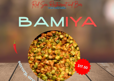 Description: Bamiya is a delightful Ethiopian dish featuring okra and potatoes cooked in a mildly spiced red pepper sauce with onions, garlic, and ginger. This dish combines the unique texture of okra with the heartiness of potatoes, resulting in a flavorful and satisfying meal. Savory, aromatic, satisfying Ingredients: Okra, potatoes, red pepper sauce, onions, garlic, ginger. Taste: The dish offers a mildly spiced and savory flavor profile, with the red pepper sauce providing a subtle warmth. The onions, garlic, and ginger add depth and aromatic notes, while the okra lends a slight slipperiness and the potatoes contribute a tender, comforting texture. Allergens: None specified Price: $17.50 ALT text: Okra and potatoes cooked in a mildly spiced red pepper sauce with onions, garlic, and ginger. Savory and satisfying Ethiopian dish.